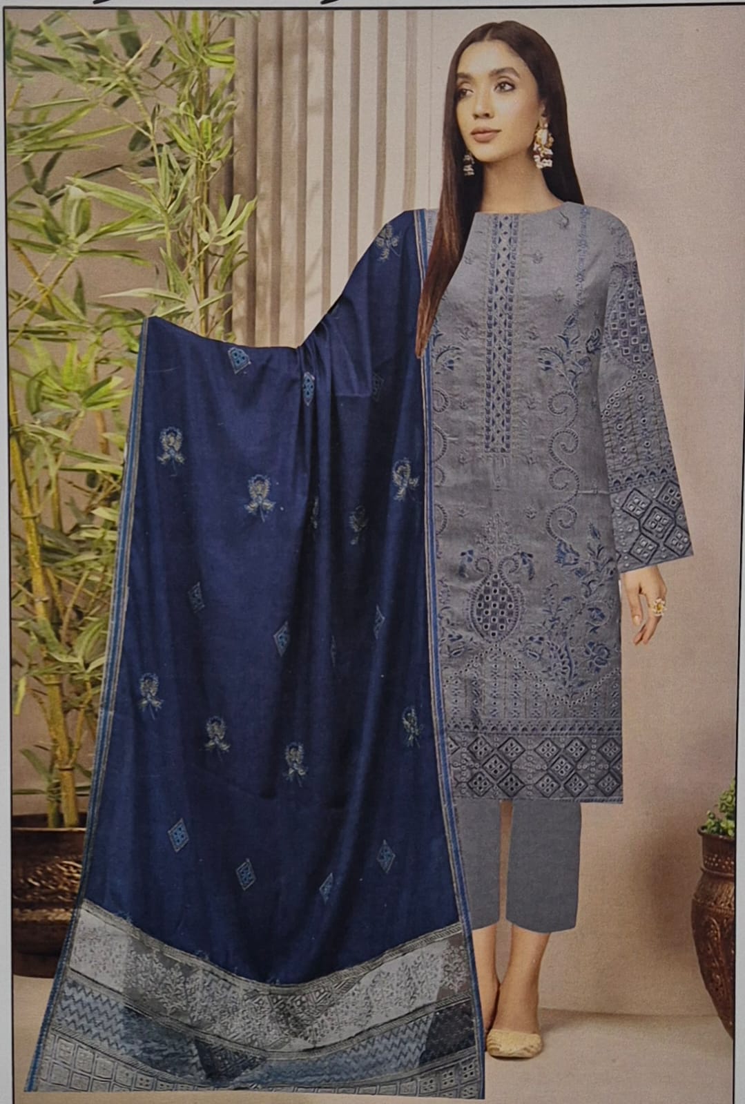 Slate Blue, Zari Chamki Wool Embroidered 3 pcs