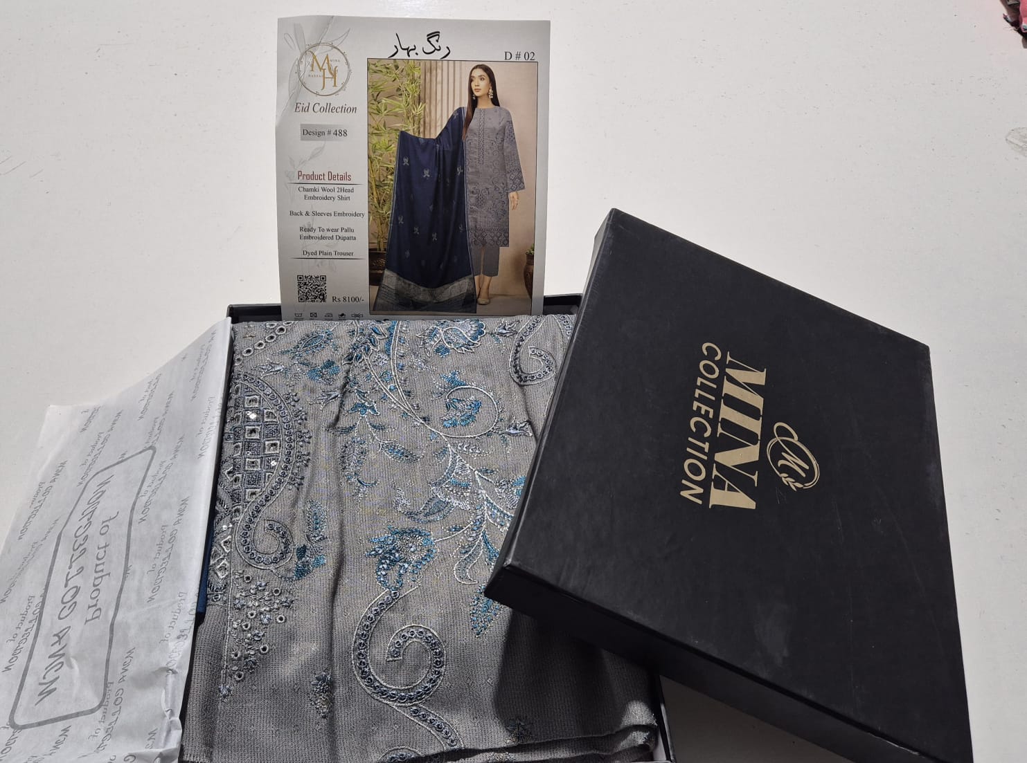 Slate Blue, Zari Chamki Wool Embroidered 3 pcs