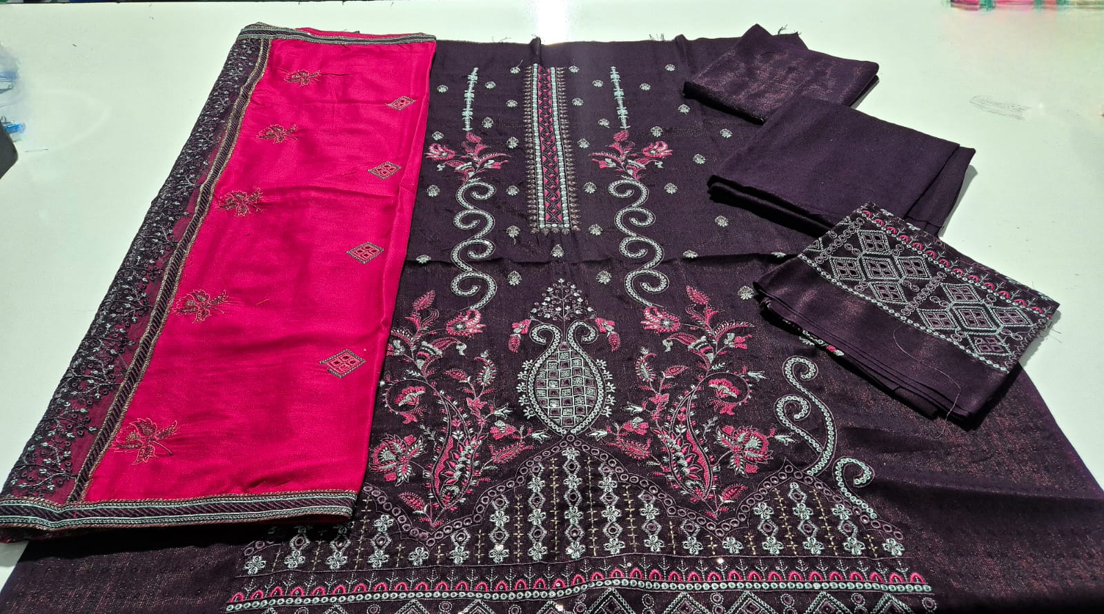Velvet Maroon, Zari Chamki wool embroidered 3 pcs
