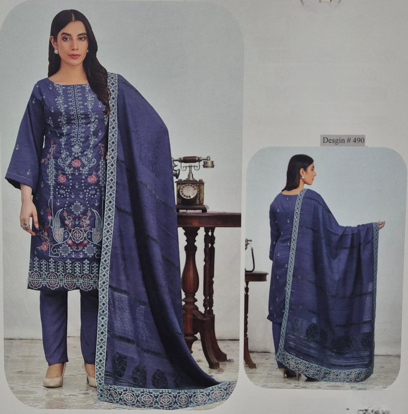 Velvet Blue, Wool Banadora Embroidered 3 pcs.