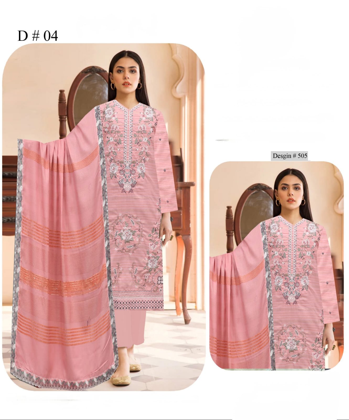 Quartz Pink, Peach Chamki 2 Head Embroidered