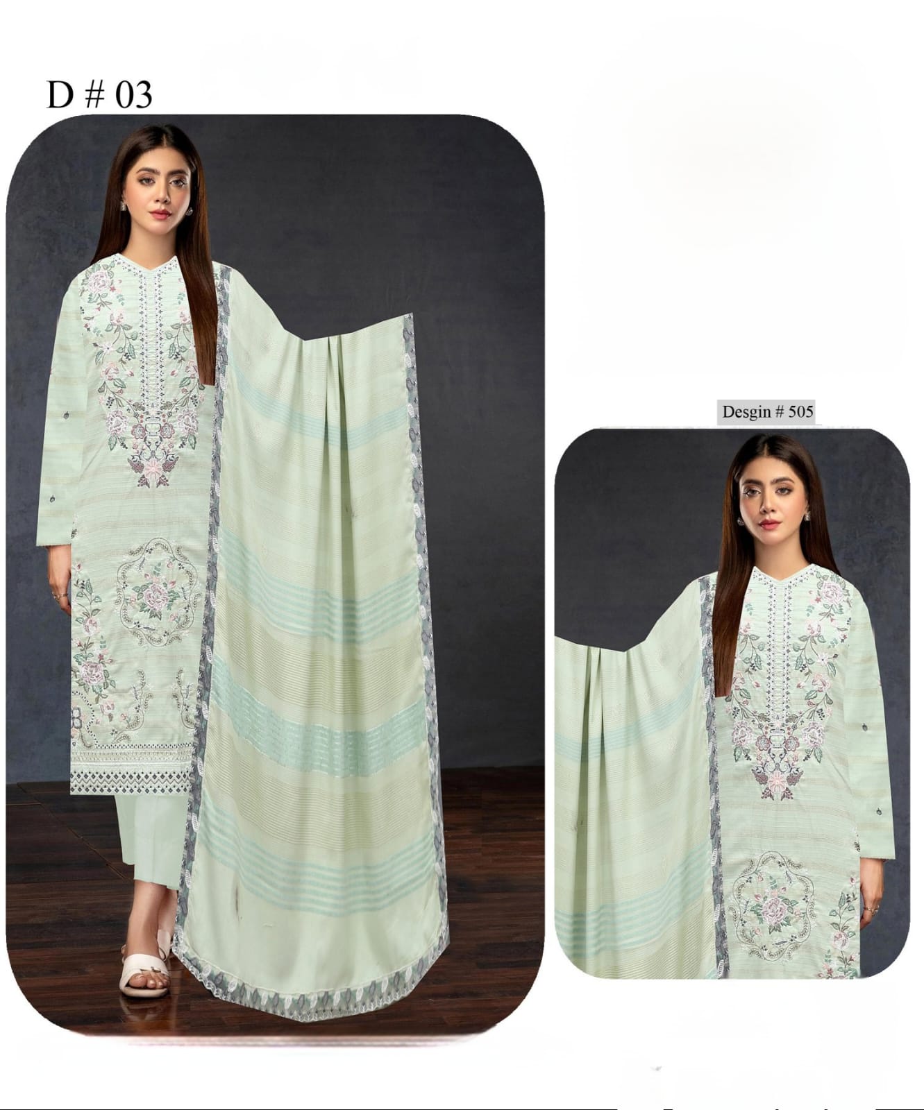 Mint frost , Peach chamki 2 head embroidered