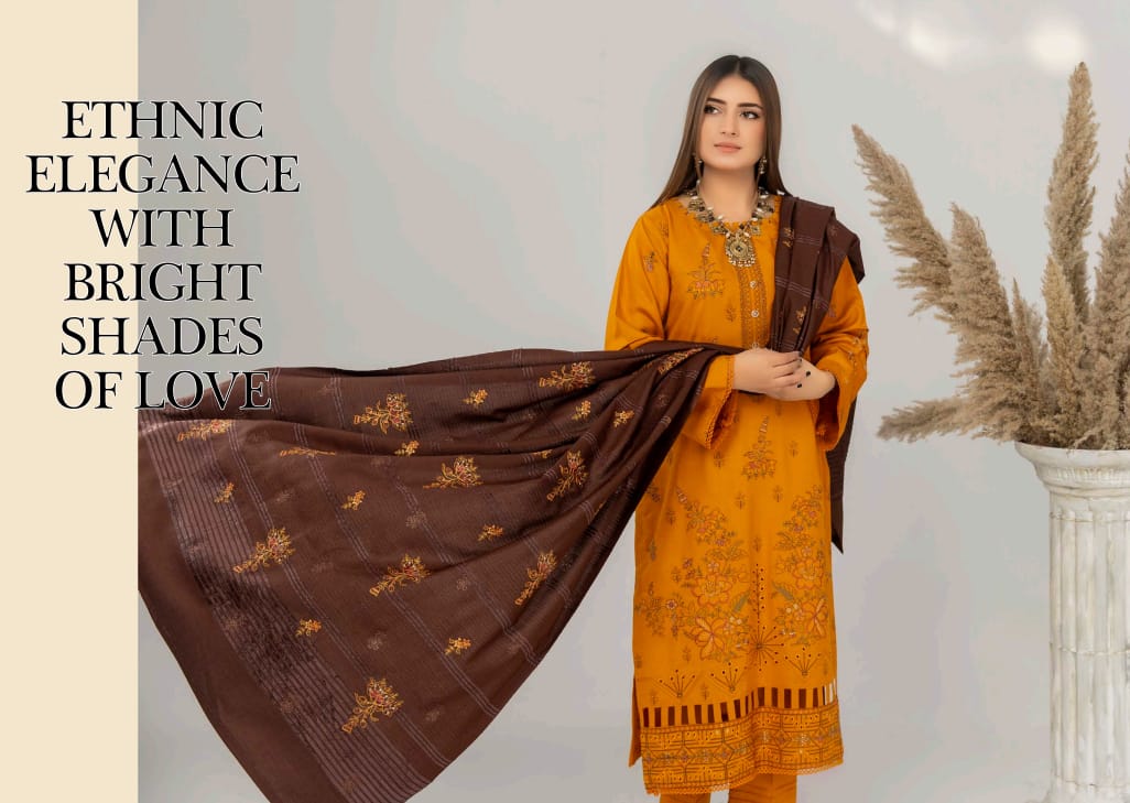 Amber earth, Peach Wool chamki emrboidered