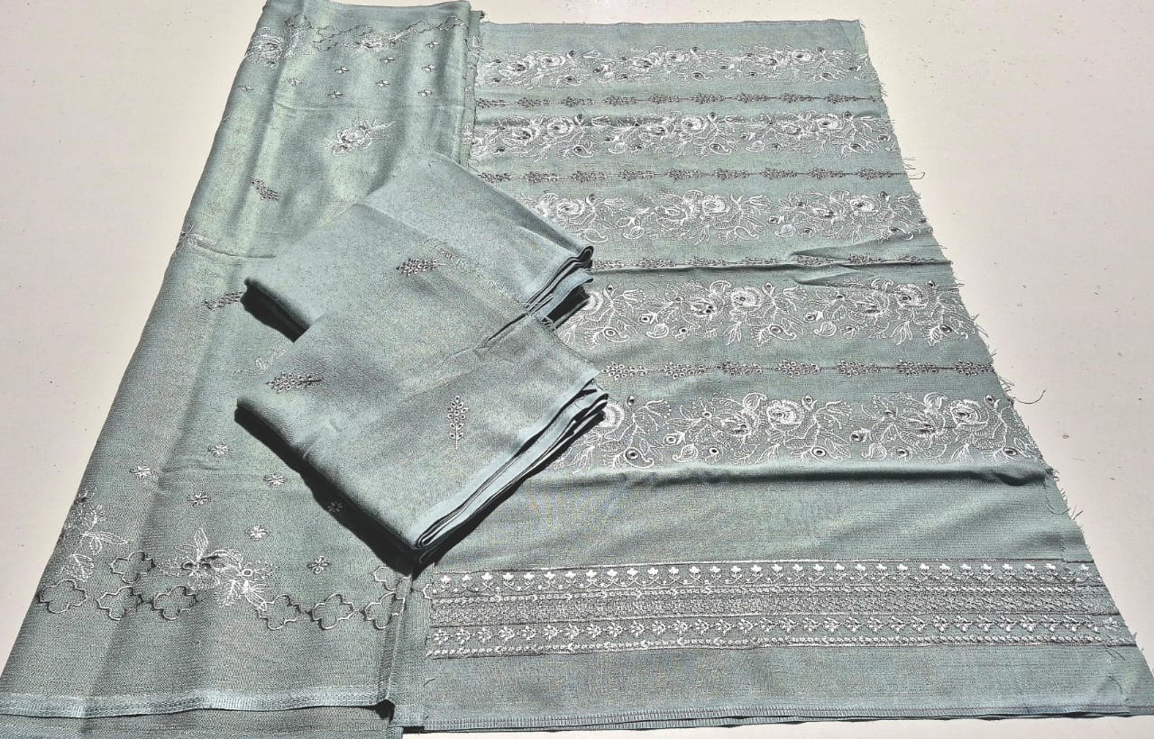 Vivid Blue, Embroidered Peach Wool chamki 3pcs