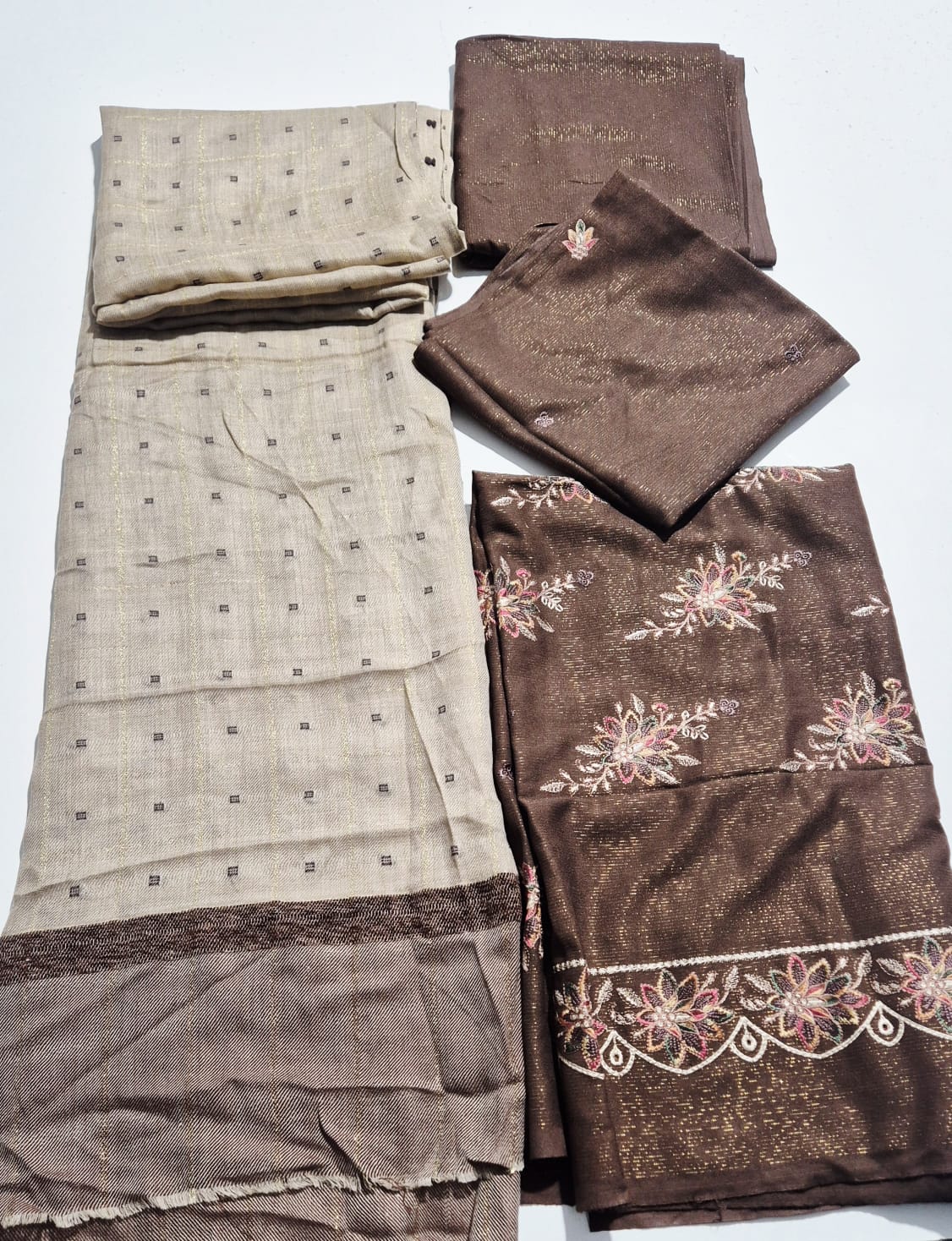 Mocha Deep, Peach Chamki Wool embroidered 3pcs