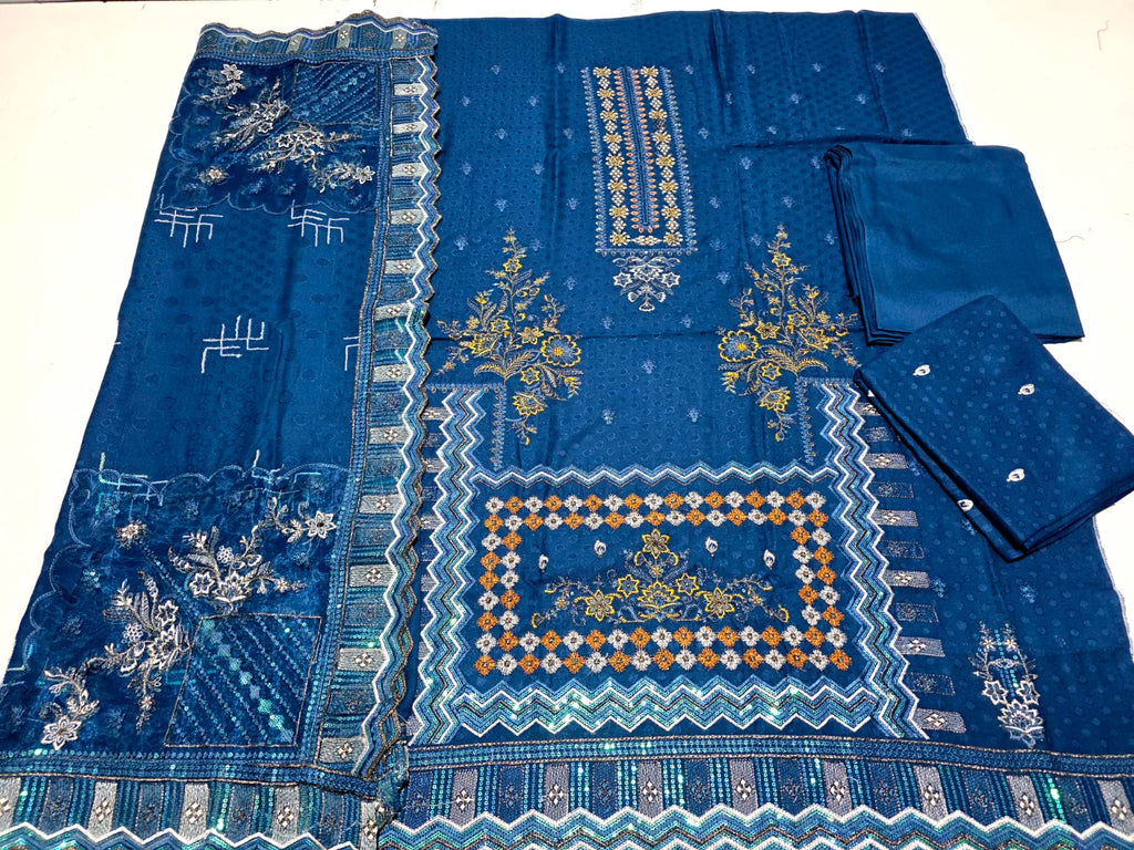 Marine Indigo, Dhanak embroidered 3 pcs