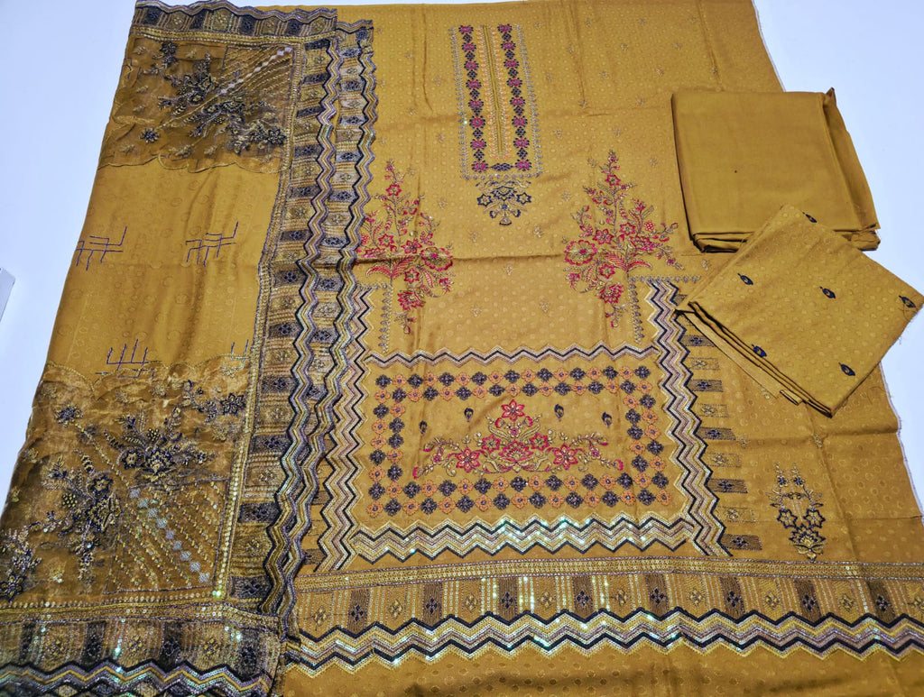 Yellow ochre, Dhanak Embroidery 3 pcs