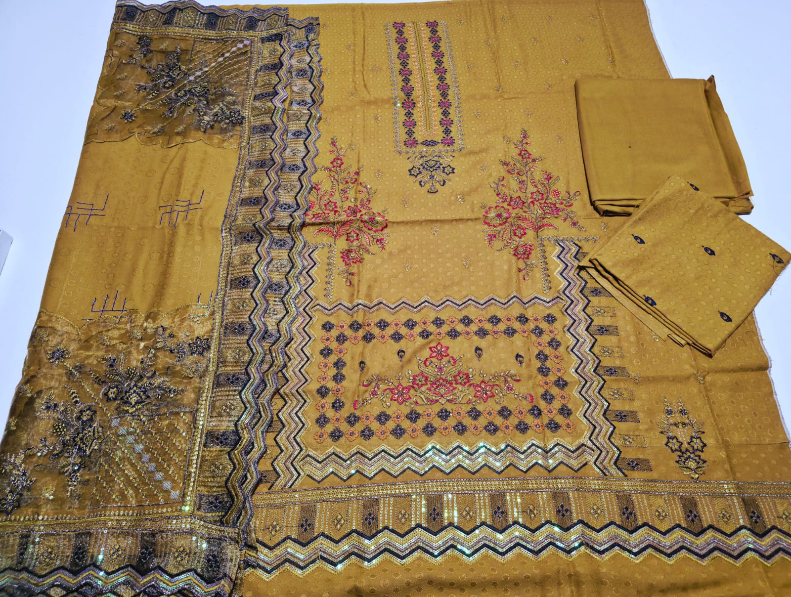 Yellow ochre, Dhanak Embroidery 3 pcs