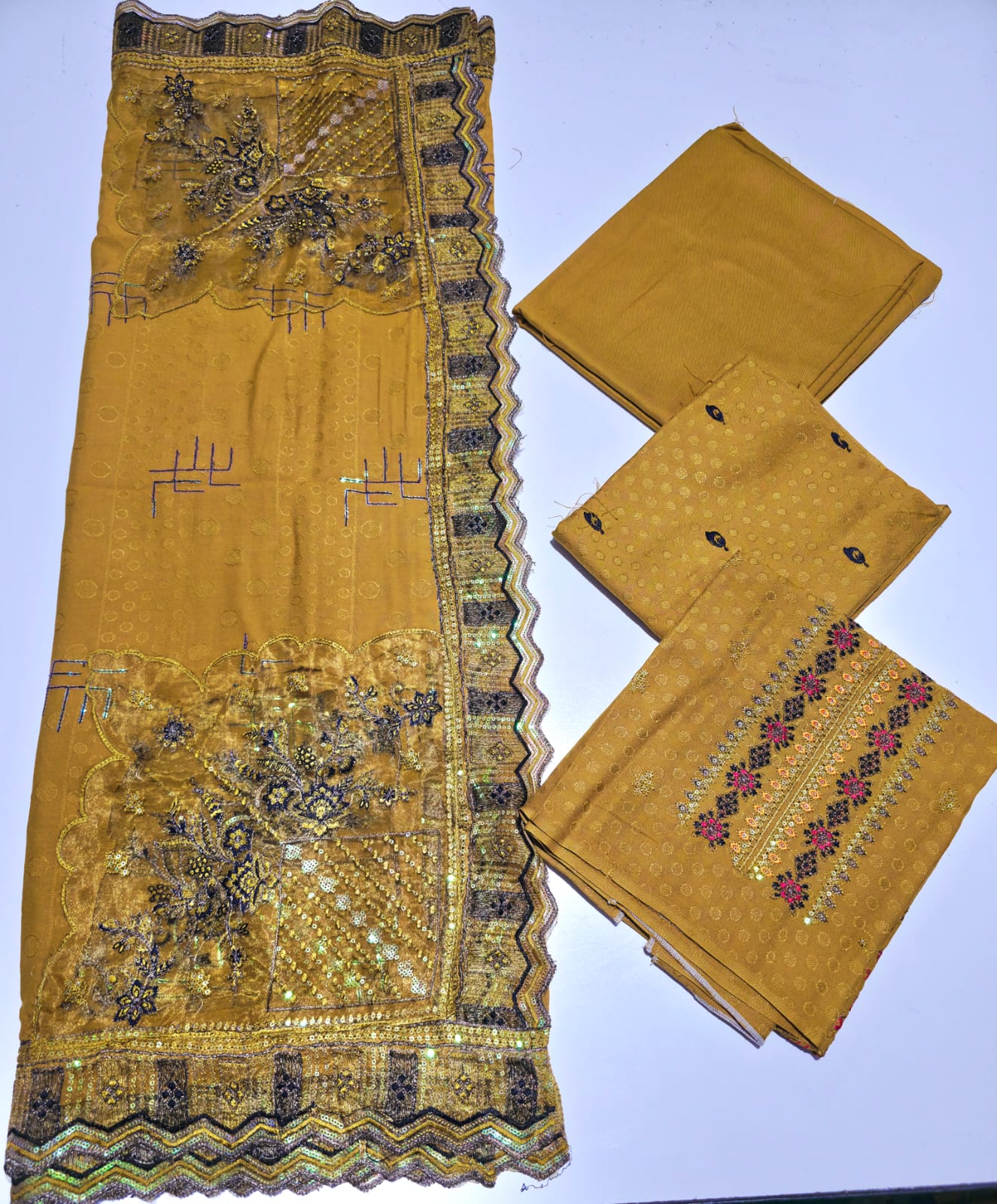 Yellow ochre, Dhanak Embroidery 3 pcs