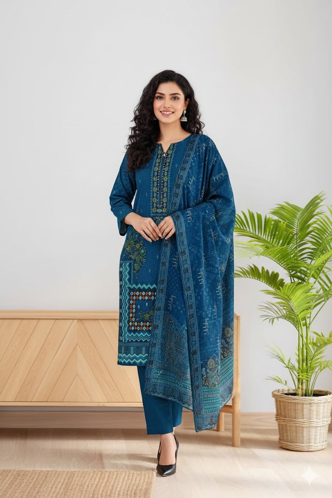 Marine Indigo, Dhanak embroidered 3 pcs