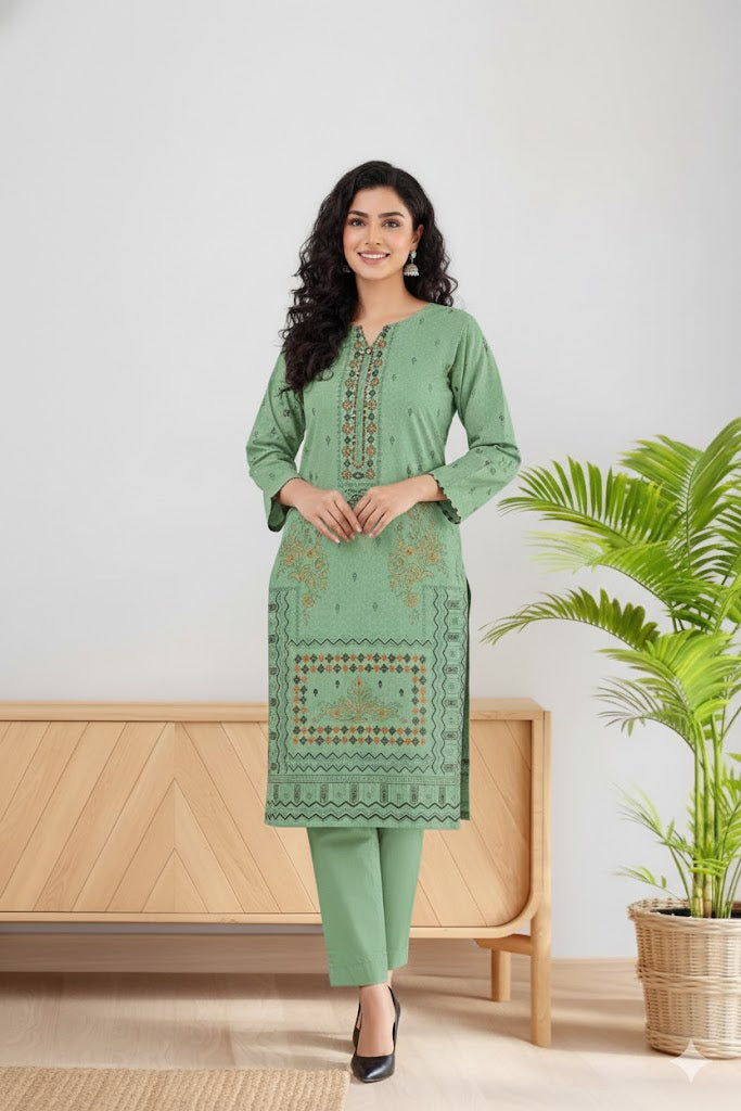 Spring Green, Dhanak embroidered 3 pcs