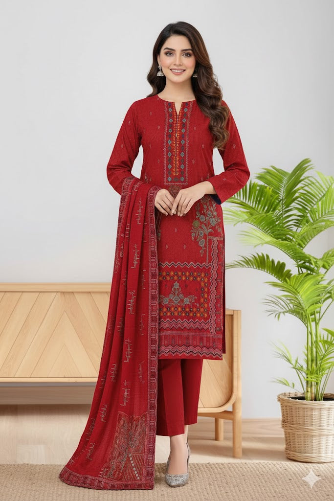 Carmine, Dhanak Embroidered 3pcs