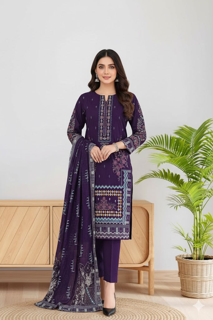 Wisteria, Dhanak Embroidered 3 pcs