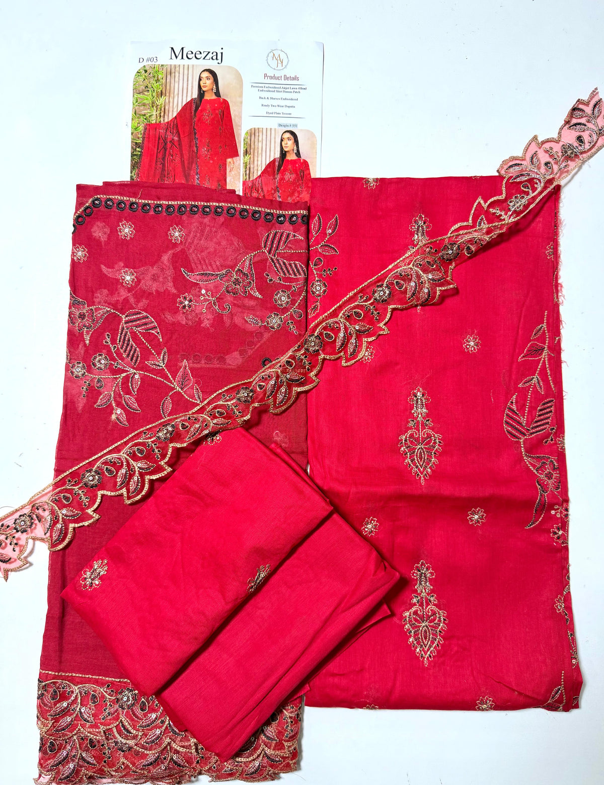 Meezaj Embroidered Lawn 3-Pc (RED)